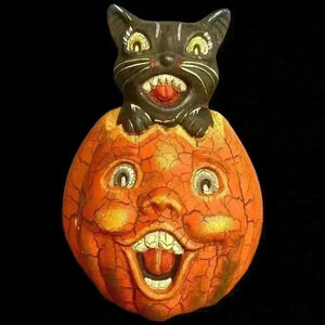 Vintage Anthropomorphic Pumpkin Jack O' Lantern Man Black Cat Hissing Distressed